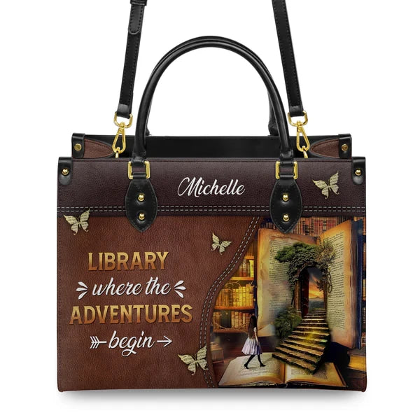 Library Where The Adventures Begin Leather Bag