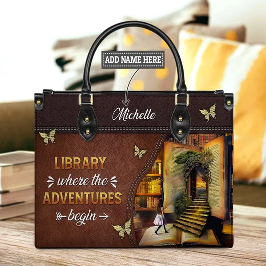 Library Where The Adventures Begin Leather Bag