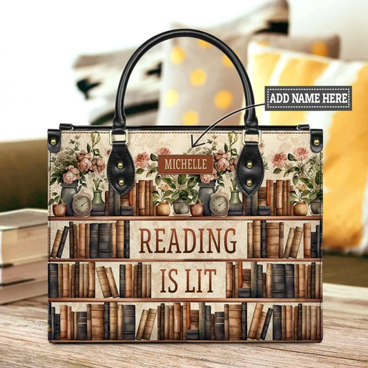 Reading Is Lit Bookshelf Flower Leather Bag