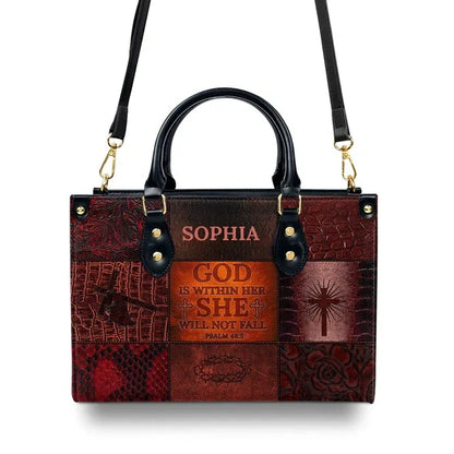 God Is Within Her, She Will Not Fall Leather Handbag