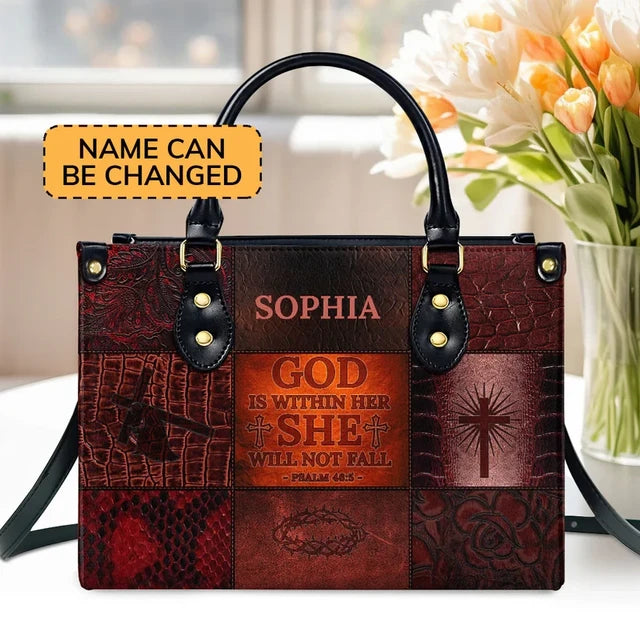 God Is Within Her, She Will Not Fall Leather Handbag