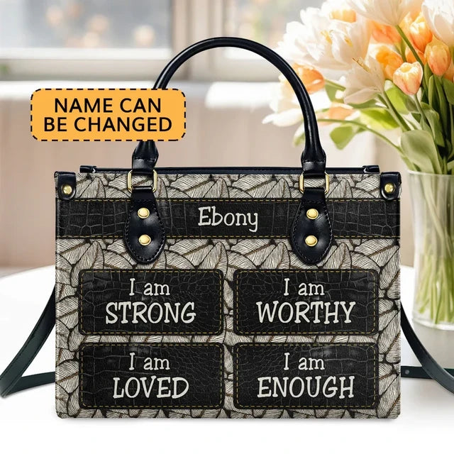 I Am Strong Leather Handbag